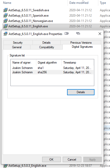 Properties dialog showing digital certificate