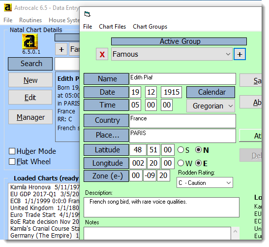 Astrocalc 6.5 Chart Manager on top of start screen